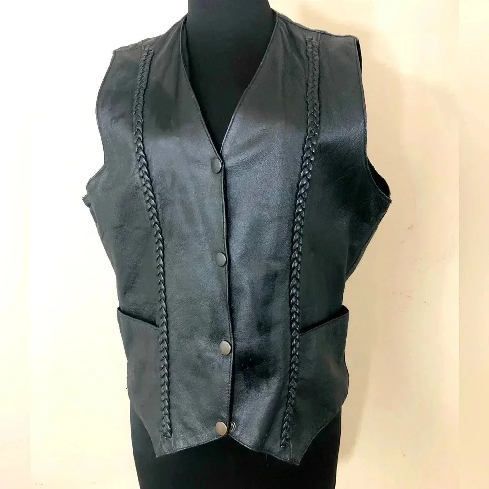 W11 EXTREME BIKER LEATHER VEST ROPE DESIGN SNAP FRONT POCKETS SZ L